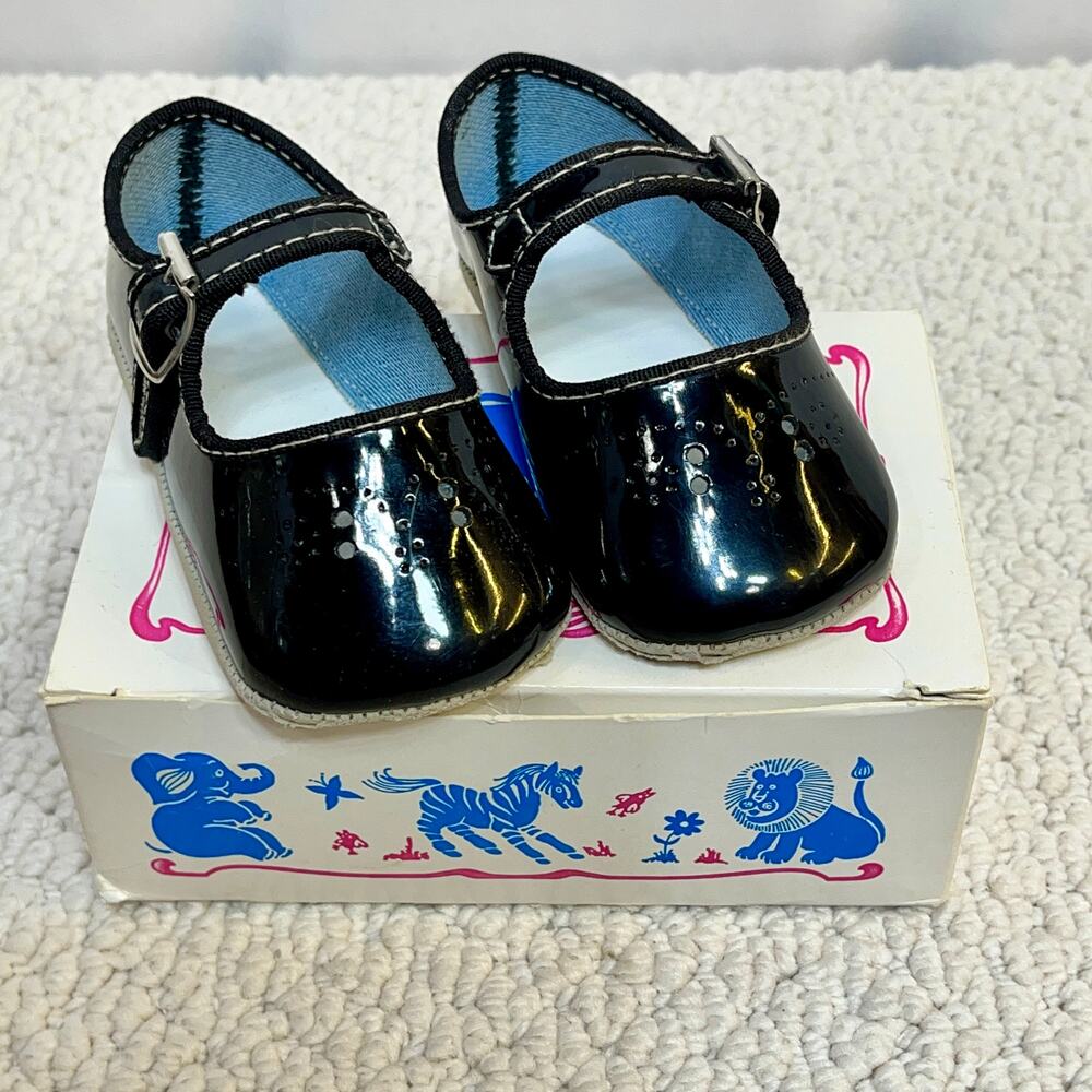 Mary Janes Girl's Baby Shoes Black Gift Box Size 2 Soft Bottoms USA Made VTG